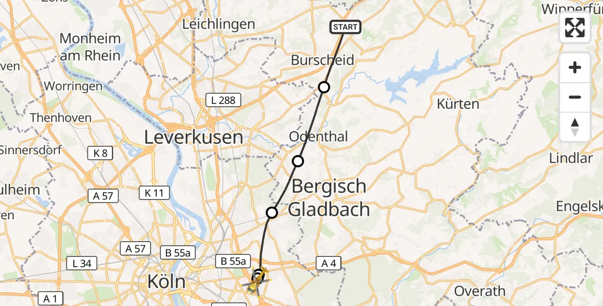 Flugroute Rettungshubschrauber Burscheid - Merheim Hospital, 21 Oktober 2026, 07:57