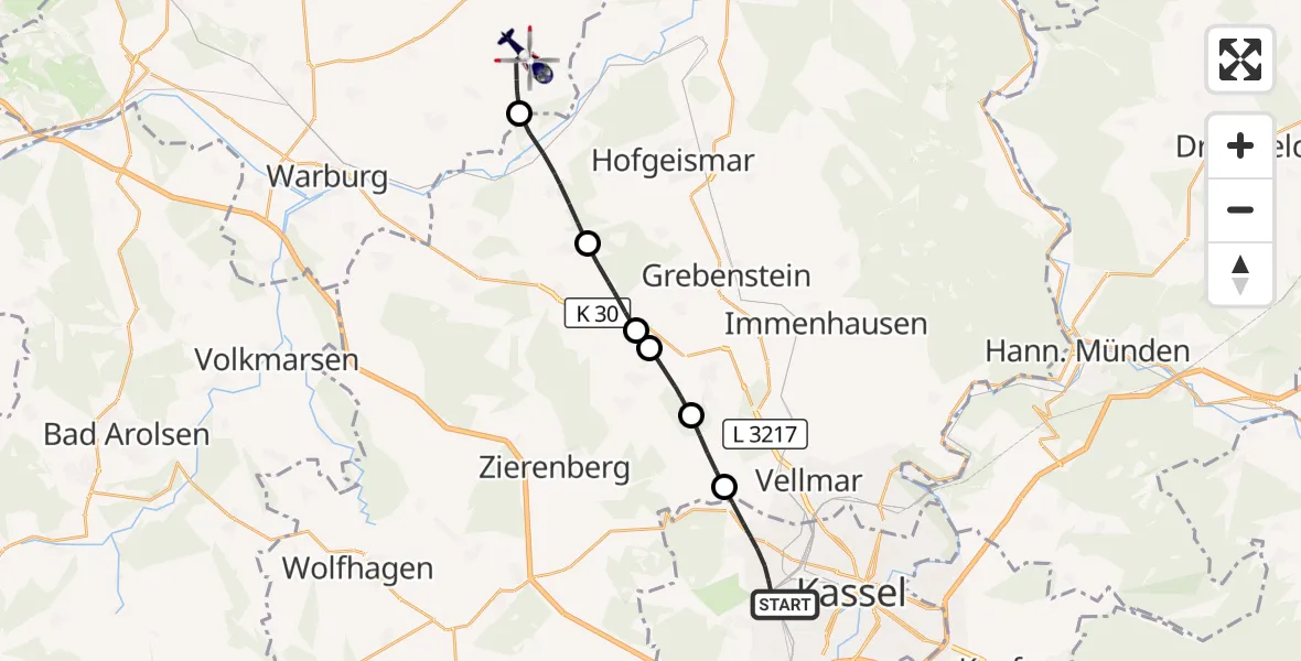 Flugroute Polizeihubschrauber Kassel - Borgentreich, 21 Oktober 2026, 08:29