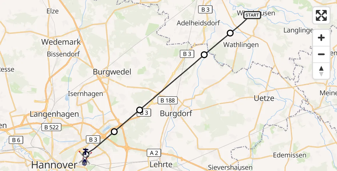 Flugroute Polizeihubschrauber Wienhausen - Hannover Luftrettung Hubschrauberlandeplatz (Christoph 4), 21 Oktober 2026, 08:34