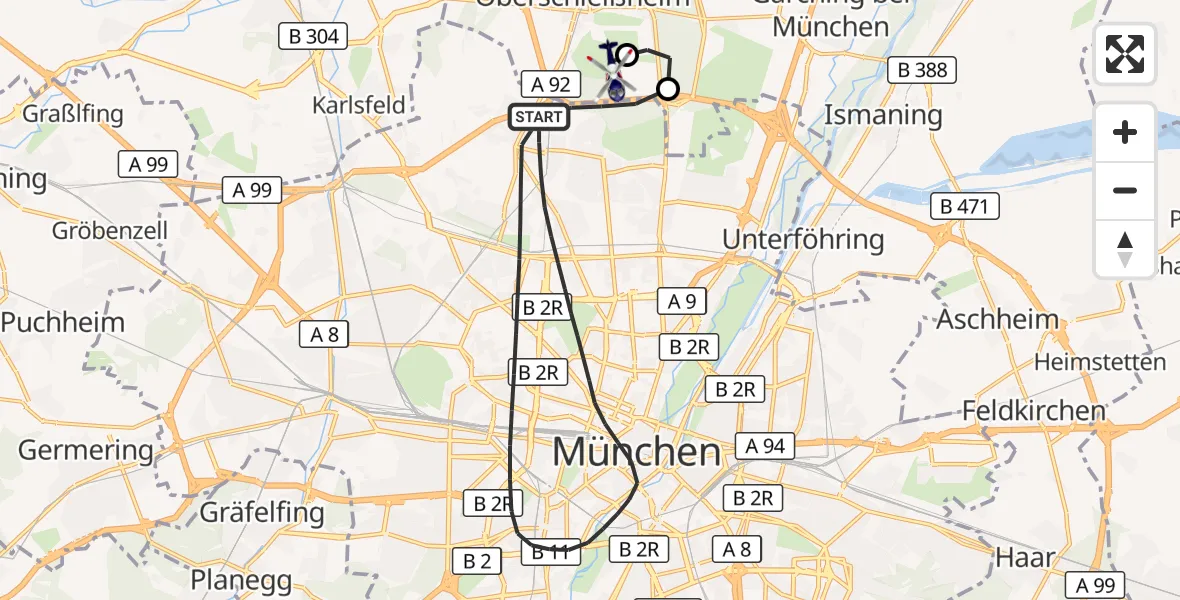 Flugroute Polizeihubschrauber München - Oberschleissheim Hubschrauberlandeplatz, 21 Oktober 2026, 08:35