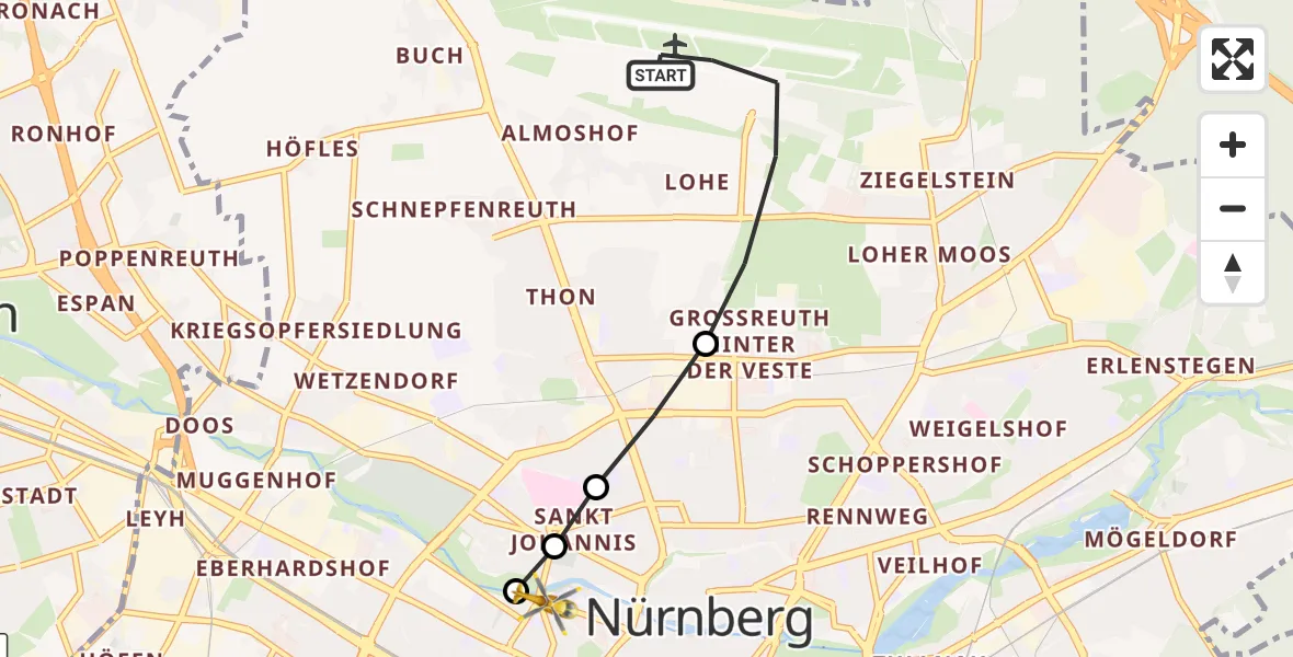 Flugroute Ambulanzhubschrauber Flughafen Nuremberg - Deutschherrnwiese Hubschrauberlandeplatz, 21 Oktober 2026, 08:35