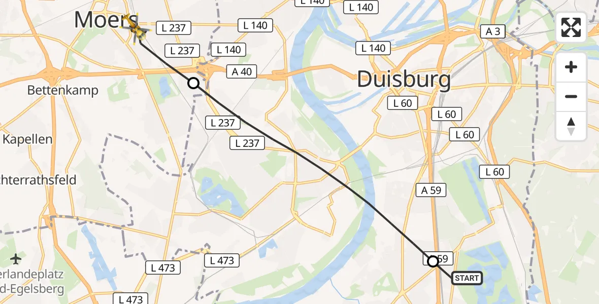 Flugroute Rettungshubschrauber Duisburg Air Rescue Hubschrauberlandeplatz (Christoph 9) - Moers, 21 Oktober 2026, 08:36