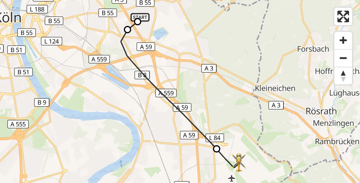 Flugroute Rettungshubschrauber Merheim Hospital - Köln Bonn Flughafen, 21 Oktober 2026, 08:41