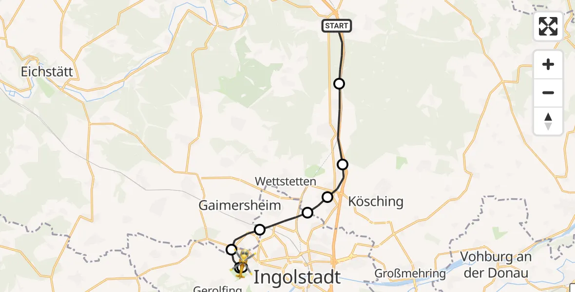 Flugroute Rettungshubschrauber Denkendorf - Ingolstadt Hospital, 21 Oktober 2026, 08:47