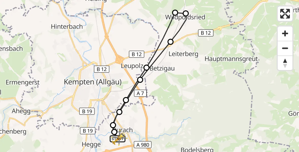 Flugroute Rettungshubschrauber Kempten-Durach Flugplatz - Kempten-Durach Flugplatz, 21 Oktober 2026, 08:49