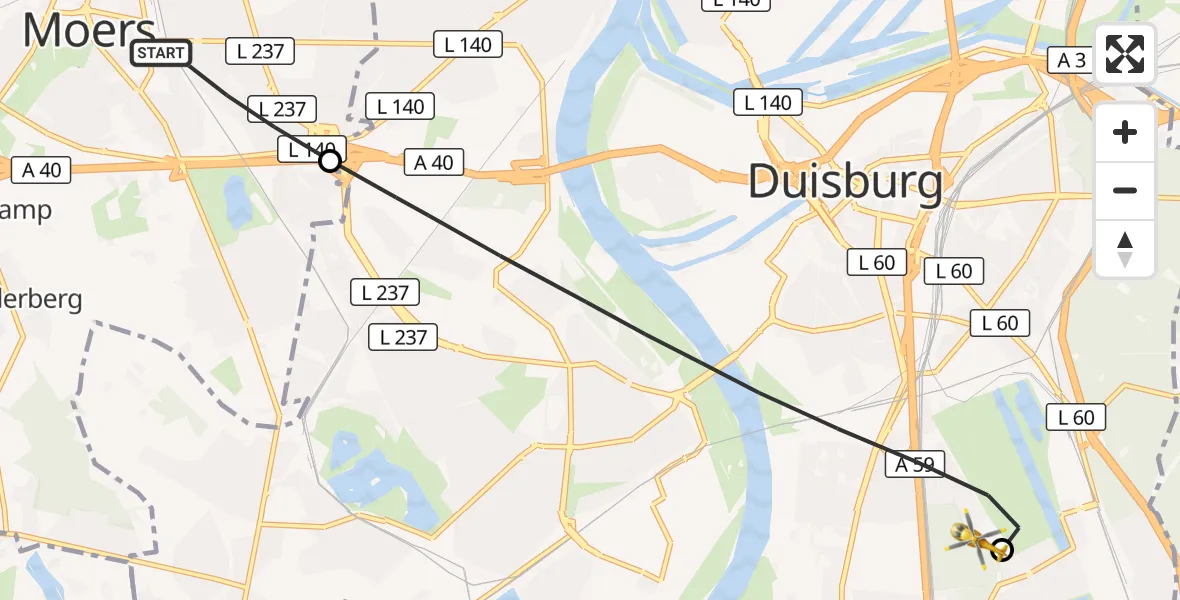 Flugroute Rettungshubschrauber Moers - Sana Clinic Duisburg Hubschrauberlandeplatz, 21 Oktober 2026, 09:05
