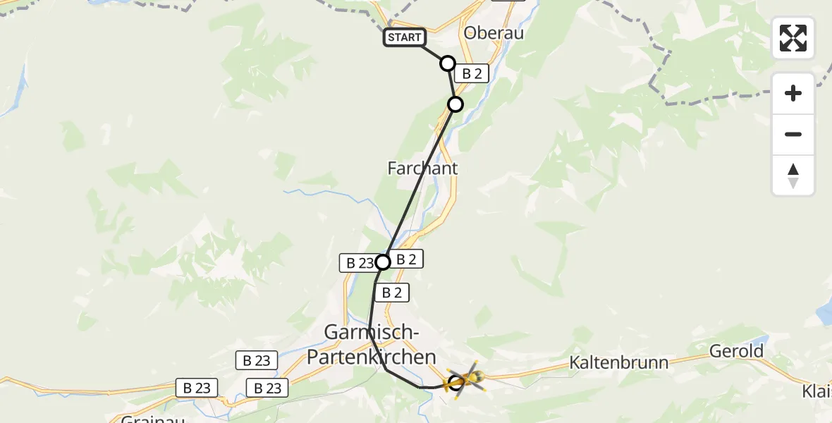 Flugroute Rettungshubschrauber Ettaler Forst - Garmisch-Partenkirchen Clinic Hubschrauberlandeplatz, 21 Oktober 2026, 09:14