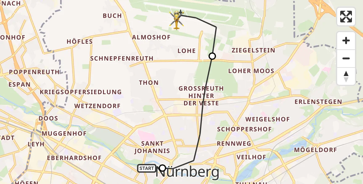 Flugroute Ambulanzhubschrauber Deutschherrnwiese Hubschrauberlandeplatz - Flughafen Nuremberg, 21 Oktober 2026, 09:25