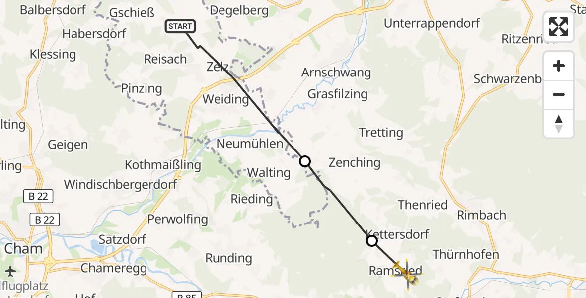 Flugroute Rettungshubschrauber Weiding - Bad Kötzting, 21 Oktober 2026, 09:35
