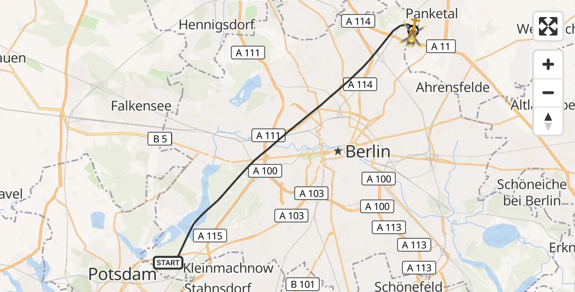 Flugroute Rettungshubschrauber Berlin - Helios Clinic Berlin-Buch, 21 Oktober 2026, 09:35