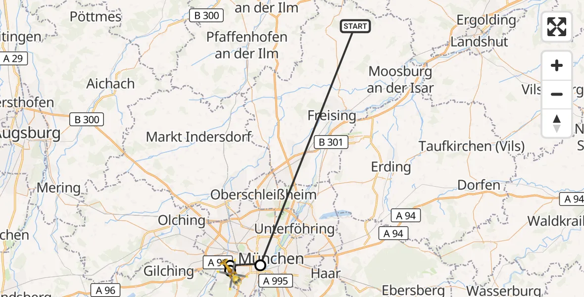 Flugroute Rettungshubschrauber Rudelzhausen - DRF Air Rescue München Hubschrauberlandeplatz, 21 Oktober 2026, 09:36