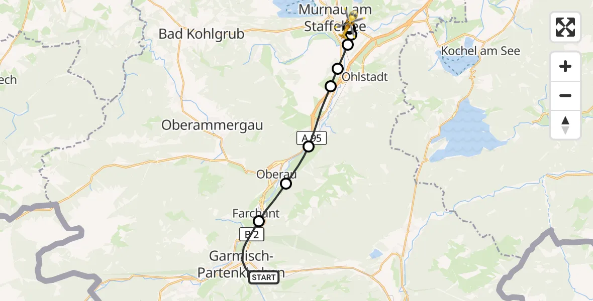 Flugroute Rettungshubschrauber Garmisch-Partenkirchen - Murnau Accident Hospital, 21 Oktober 2026, 09:40