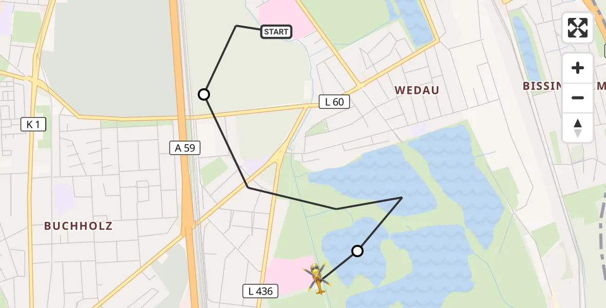 Flugroute Rettungshubschrauber Sana Clinic Duisburg Hubschrauberlandeplatz - Duisburg Air Rescue Hubschrauberlandeplatz (Christoph 9), 21 Oktober 2026, 09:45