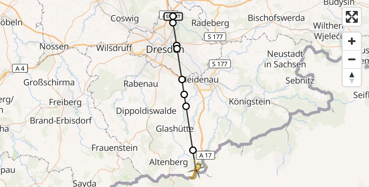 Flugroute Rettungshubschrauber Dresden Bundespolizei Hubschrauberlandeplatz - Altenberg, 21 Oktober 2026, 10:04