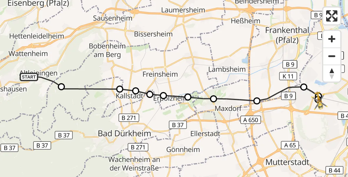 Flugroute Rettungshubschrauber Altleiningen - Ludwigshafen Accident Hospital, 21 Oktober 2026, 10:11