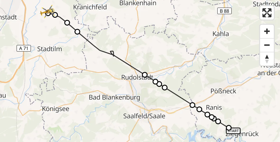 Flugroute Rettungshubschrauber Paska - Arnstadt-Alkersleben Flugplatz, 21 Oktober 2026, 10:25