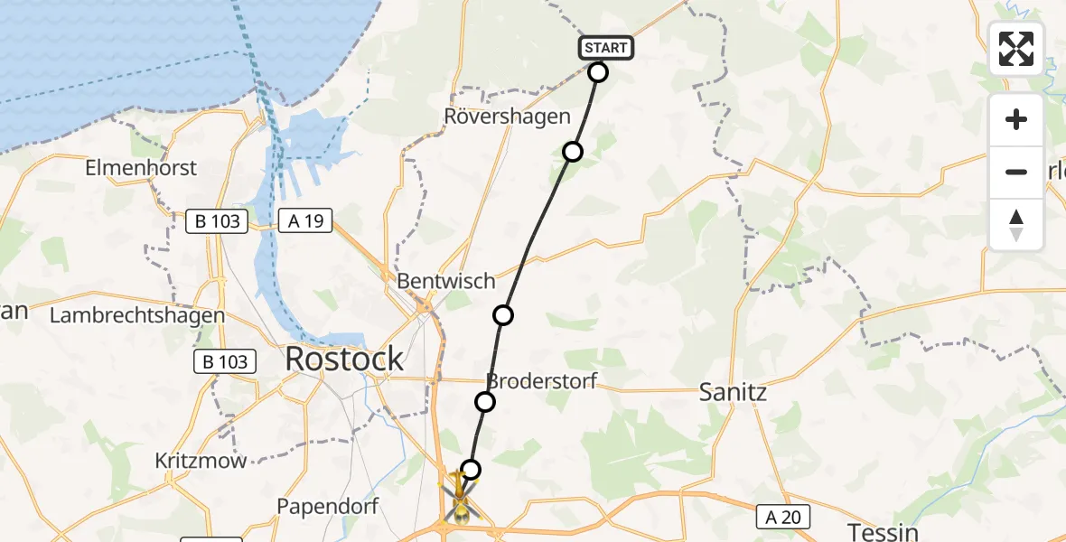Flugroute Ambulanzhubschrauber Gelbensande - Dummerstorf, 21 Oktober 2026, 10:39