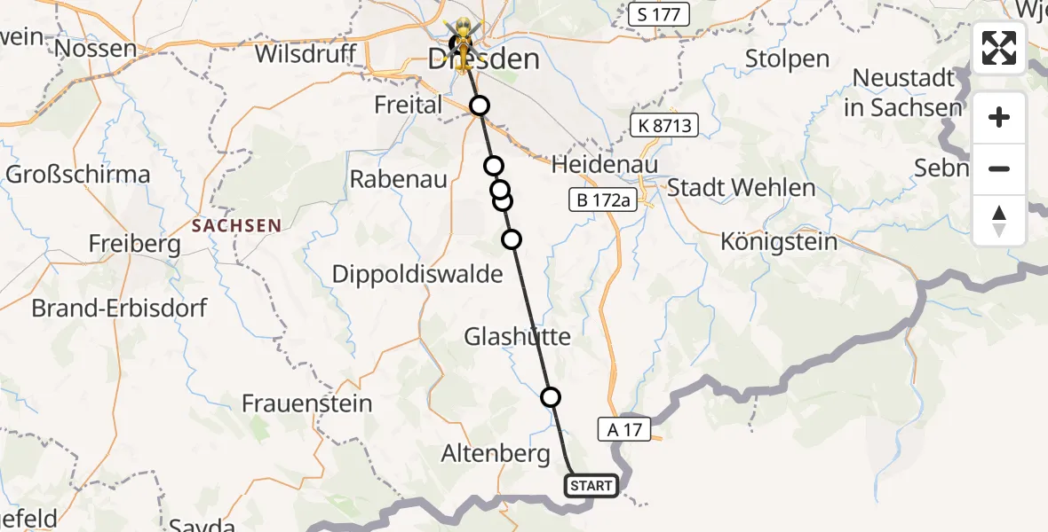 Flugroute Rettungshubschrauber Altenberg - Dresden Friedrichstadt Hospital, 21 Oktober 2026, 10:51