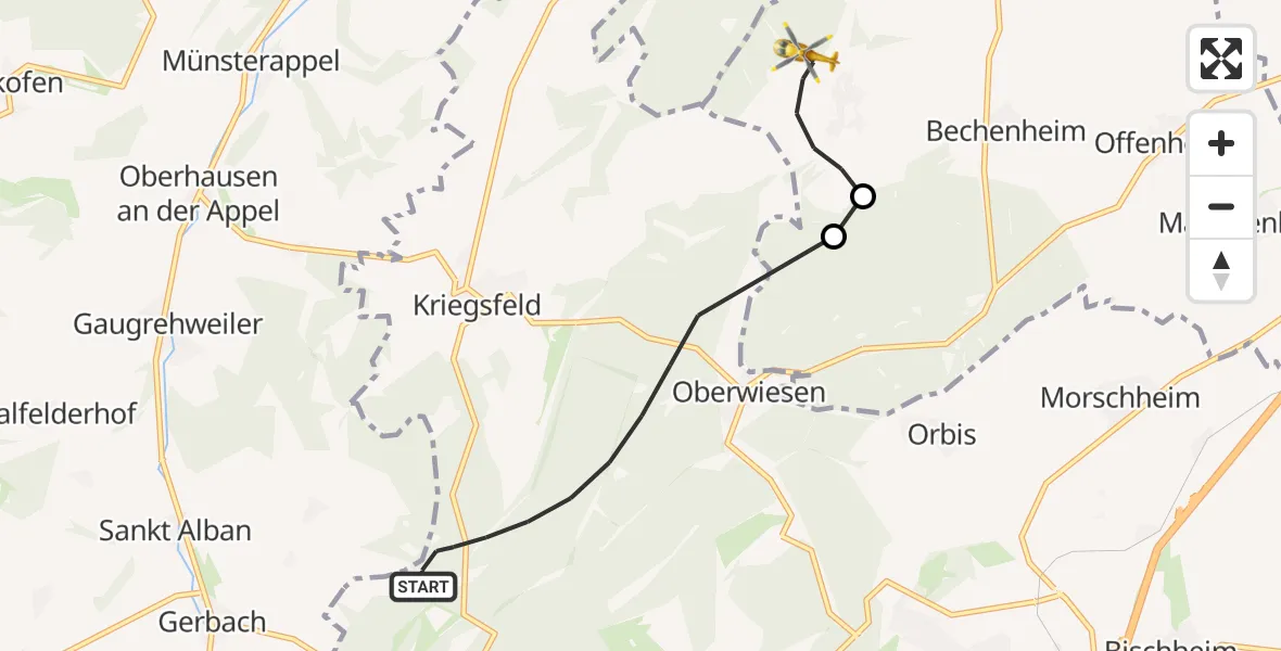 Flugroute Rettungshubschrauber Kriegsfeld - Nieder-Wiesen, 21 Oktober 2026, 11:00
