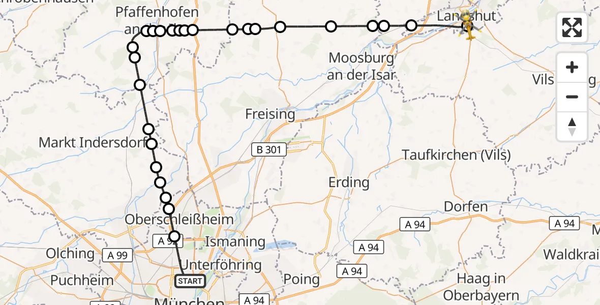 Flugroute Rettungshubschrauber München - Lakumed Hospital Landshut-Achdorf Hubschrauberlandeplatz, 21 Oktober 2026, 11:10