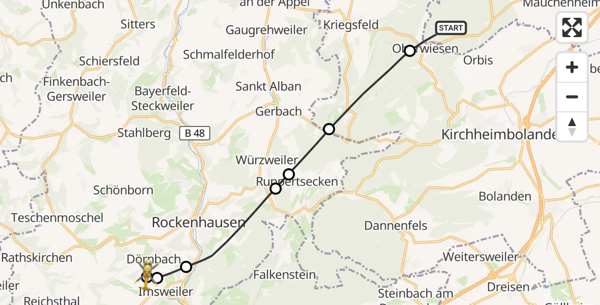 Flugroute Rettungshubschrauber Offenheim - Rockenhausen, 21 Oktober 2026, 11:22