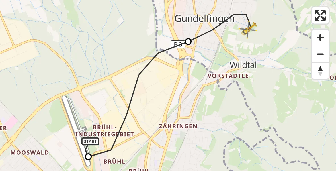 Flugroute Ambulanzhubschrauber Freiburg im Breisgau Flugplatz - Gundelfingen, 21 Oktober 2026, 11:34