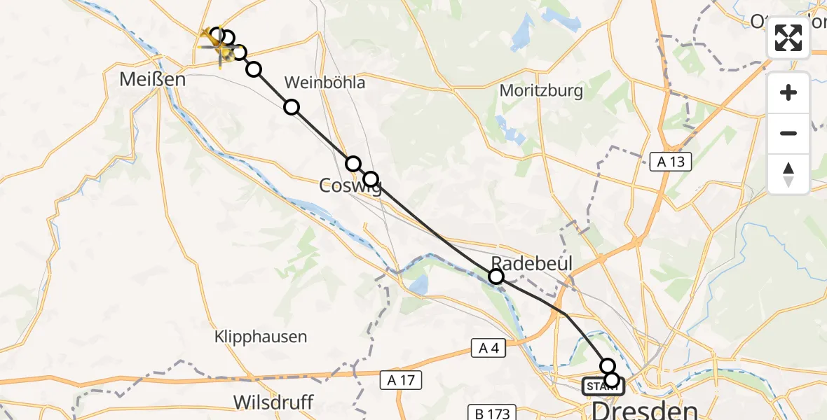 Flugroute Rettungshubschrauber Dresden Friedrichstadt Hospital - Meißen, 21 Oktober 2026, 11:36