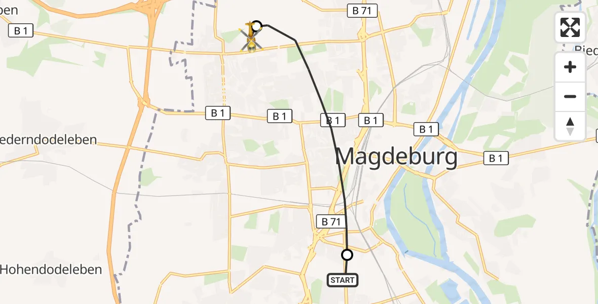 Flugroute Rettungshubschrauber Magdeburg University Hospital - Magdeburg Hospital, 21 Oktober 2026, 11:39