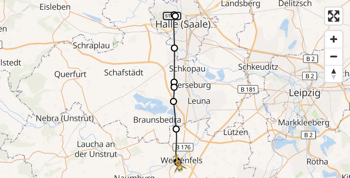 Flugroute Rettungshubschrauber Halle (Saale) University Hospital - Asklepios Clinic Weißenfels, 21 Oktober 2026, 11:57