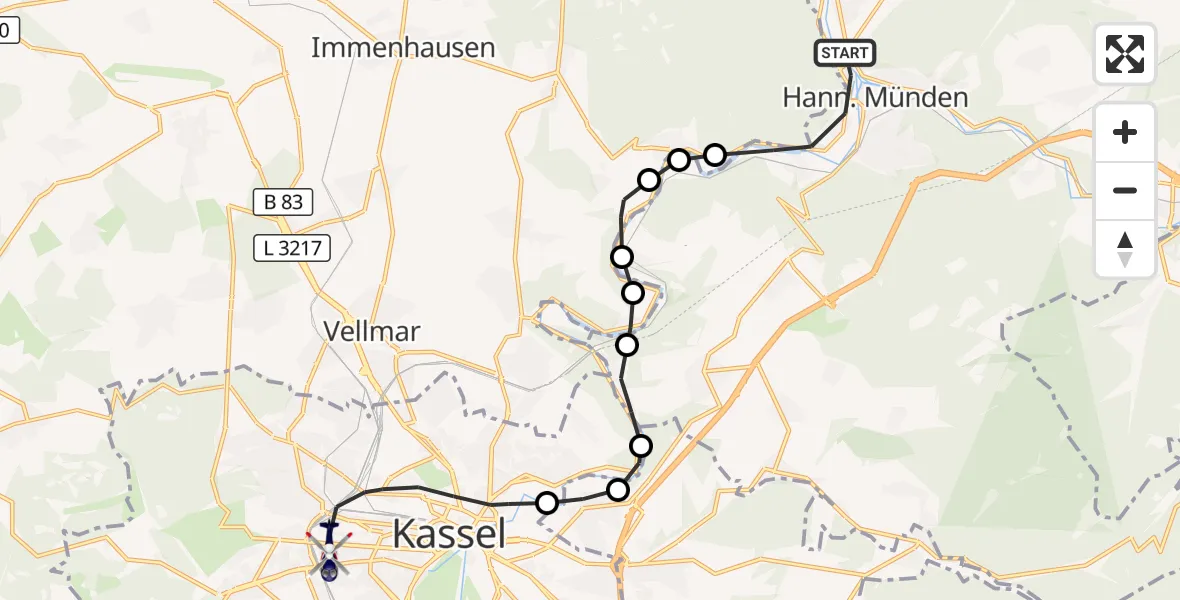 Flugroute Polizeihubschrauber Hann.Münden - Kassel, 21 Oktober 2026, 12:04