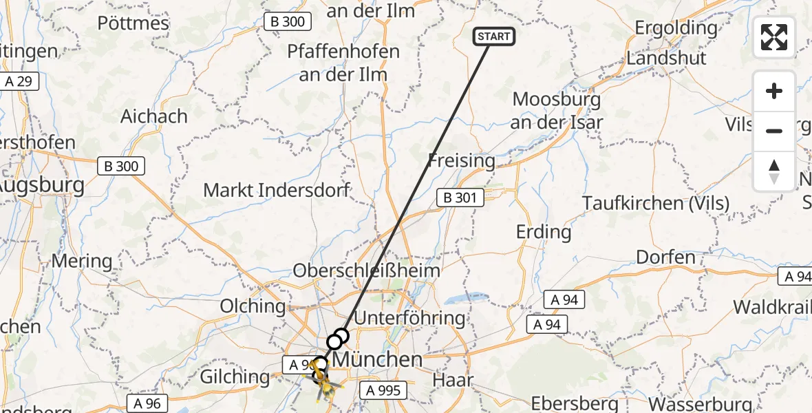 Flugroute Rettungshubschrauber Rudelzhausen - DRF Air Rescue München Hubschrauberlandeplatz, 21 Oktober 2026, 12:05