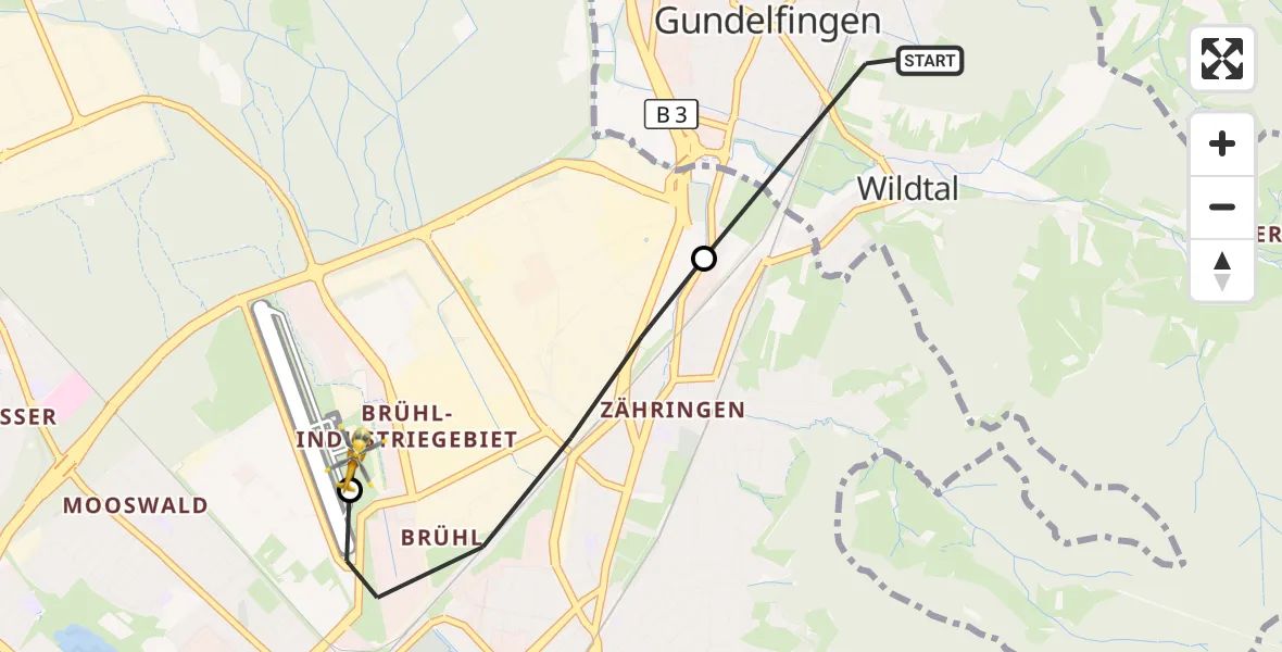 Flugroute Ambulanzhubschrauber Gundelfingen - Freiburg im Breisgau Flugplatz, 21 Oktober 2026, 12:06