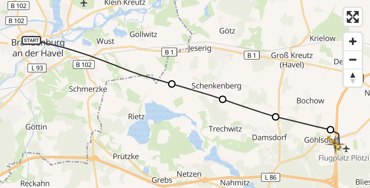 Flugroute Rettungshubschrauber Brandenburg an der Havel - Kloster Lehnin, 21 Oktober 2026, 12:22