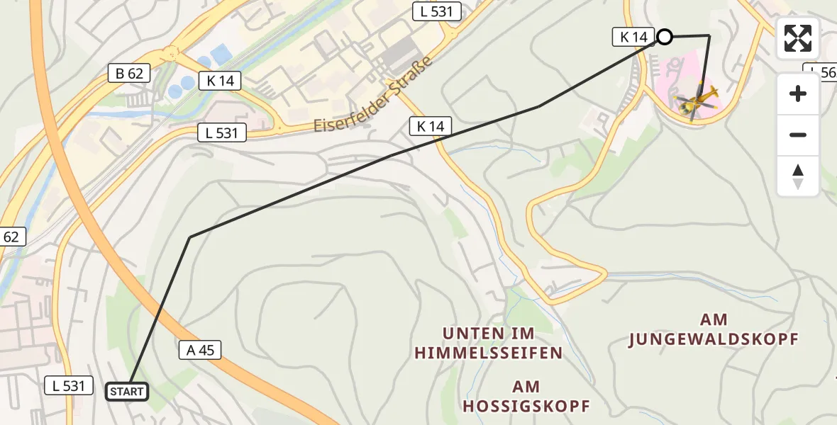 Flugroute Rettungshubschrauber Siegen - Evangelisches Jung-Stilling Hospital, 21 Oktober 2026, 12:36
