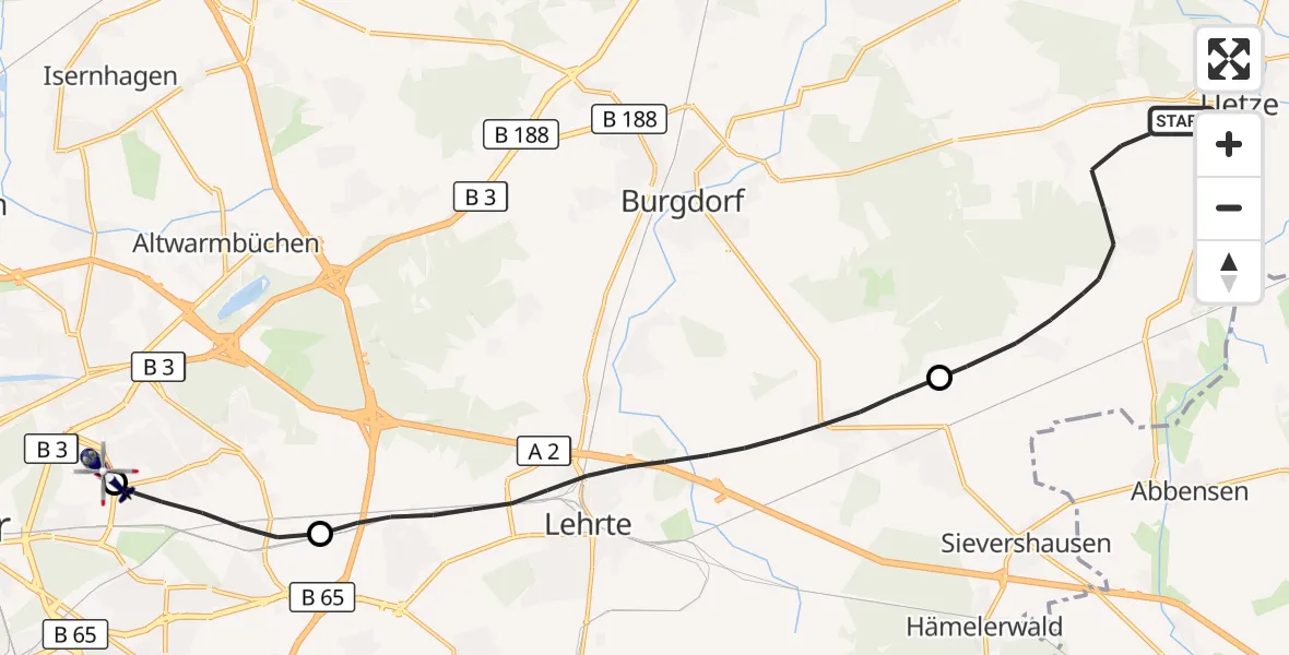 Flugroute Polizeihubschrauber Uetze - Hannover Luftrettung Hubschrauberlandeplatz (Christoph 4), 21 Oktober 2026, 12:44