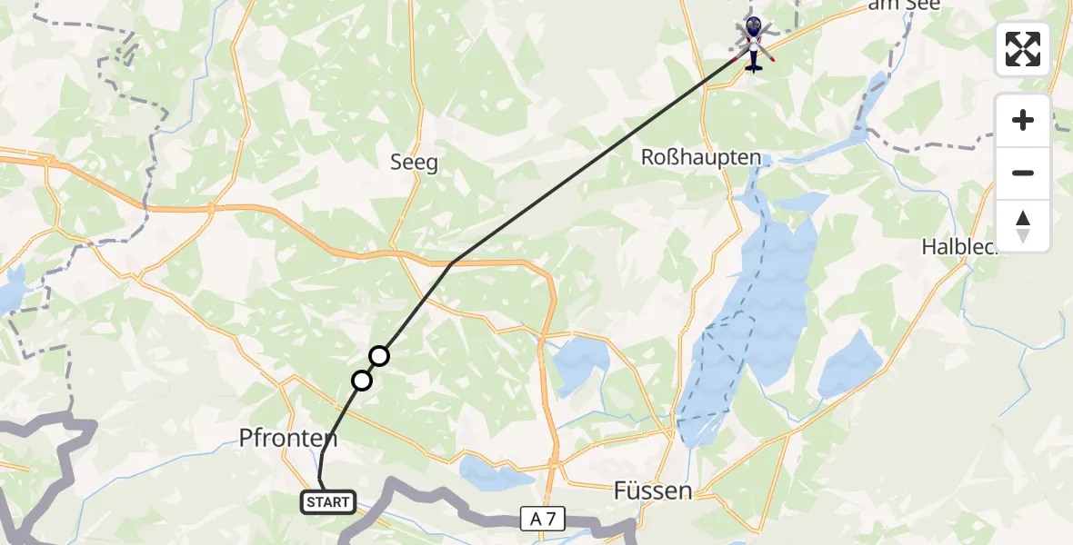Flugroute Polizeihubschrauber Pfronten - Roßhaupten, 21 Oktober 2026, 12:45