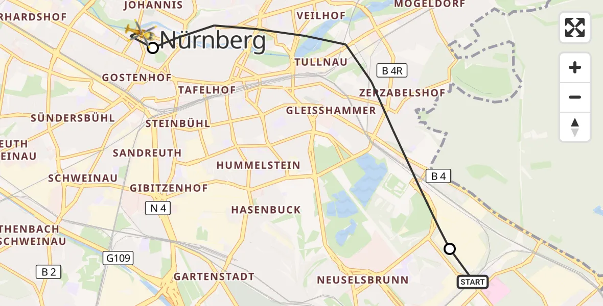 Flugroute Ambulanzhubschrauber Nürnberg South Hospital - Deutschherrnwiese Hubschrauberlandeplatz, 21 Oktober 2026, 12:57