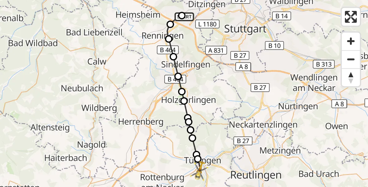 Flugroute Rettungshubschrauber Leonberg Hospital - Tübingen, 21 Oktober 2026, 13:01
