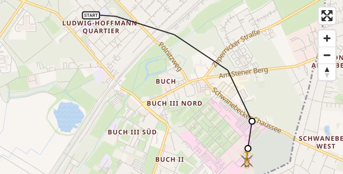 Flugroute Rettungshubschrauber Berlin - Helios Clinic Berlin-Buch, 21 Oktober 2026, 13:19