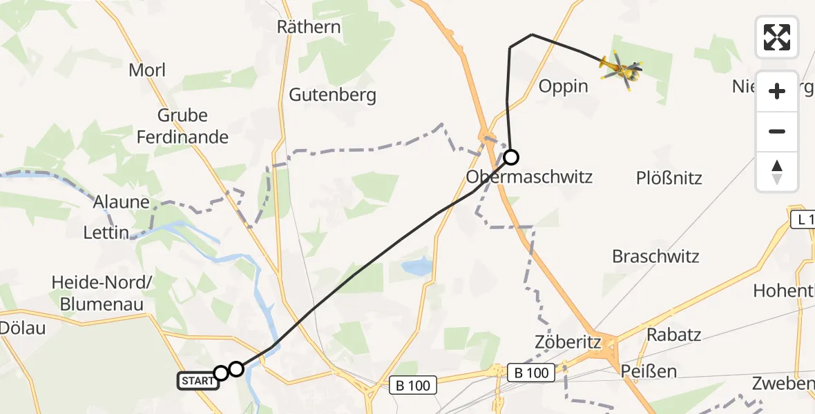 Flugroute Rettungshubschrauber Halle (Saale) University Hospital - Halle-Oppin Flugplatz, 21 Oktober 2026, 13:21