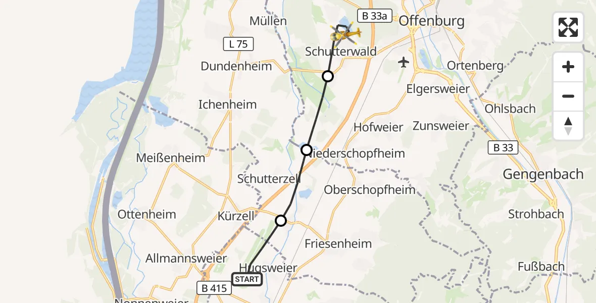 Flugroute Rettungshubschrauber Lahr Flughafen - Schutterwald, 21 Oktober 2026, 13:31