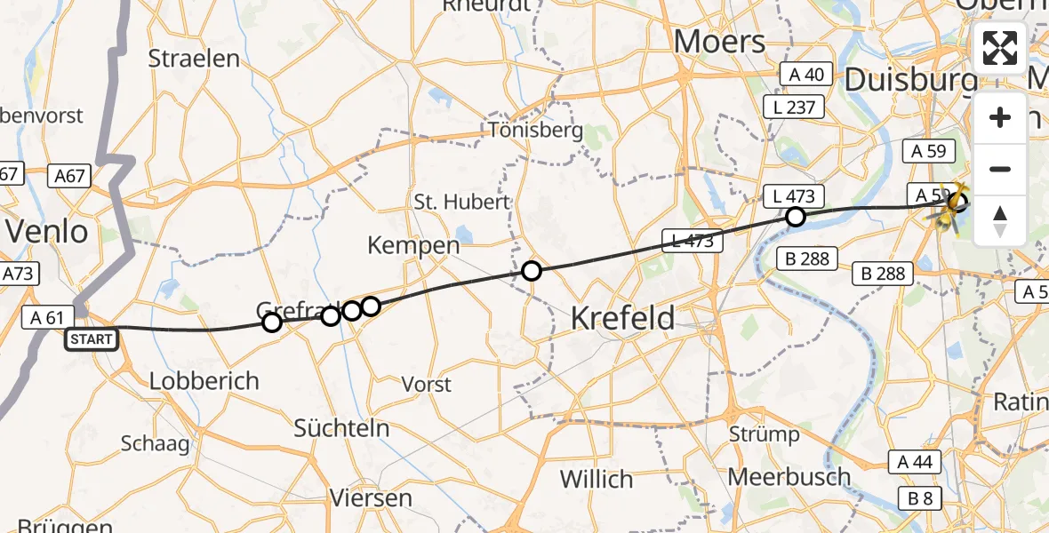 Flugroute Rettungshubschrauber Nettetal - Duisburg Air Rescue Hubschrauberlandeplatz (Christoph 9), 21 Oktober 2026, 13:34