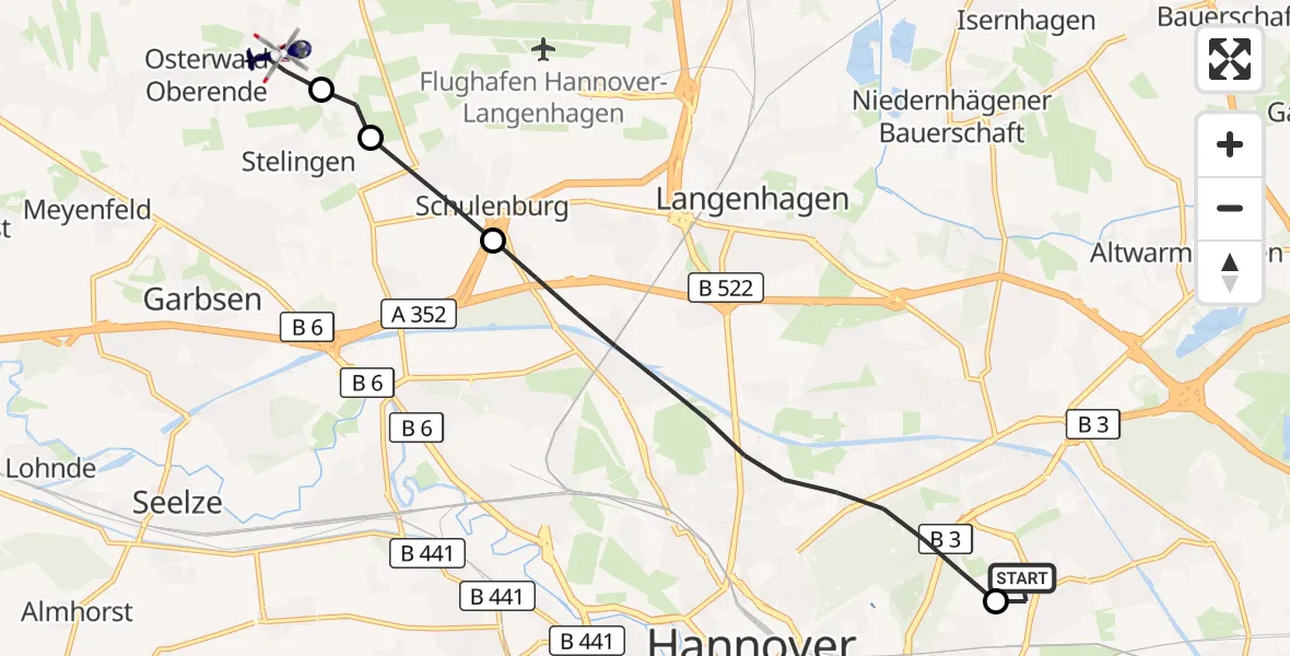Flugroute Polizeihubschrauber Hannover Luftrettung Hubschrauberlandeplatz (Christoph 4) - Garbsen, 21 Oktober 2026, 14:04
