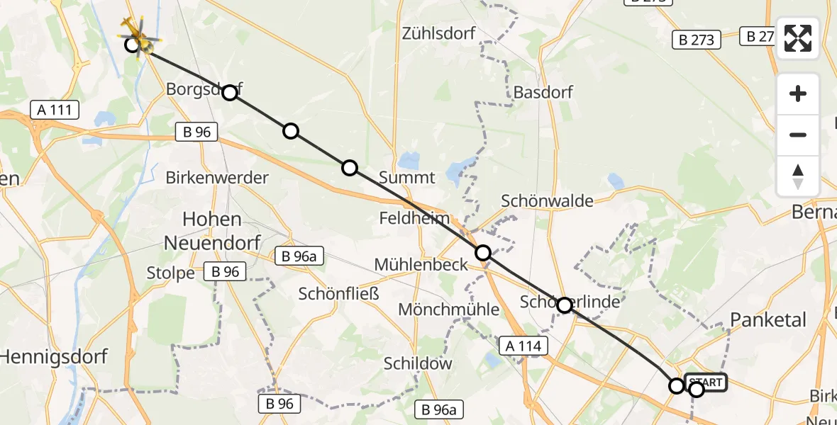 Flugroute Rettungshubschrauber Helios Clinic Berlin-Buch - Oranienburg, 21 Oktober 2026, 14:20