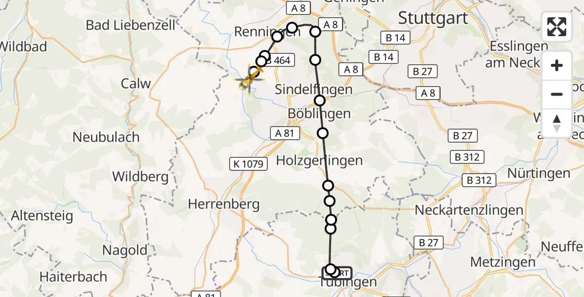 Flugroute Rettungshubschrauber Tübingen University Hospital - Grafenau, 21 Oktober 2026, 14:31