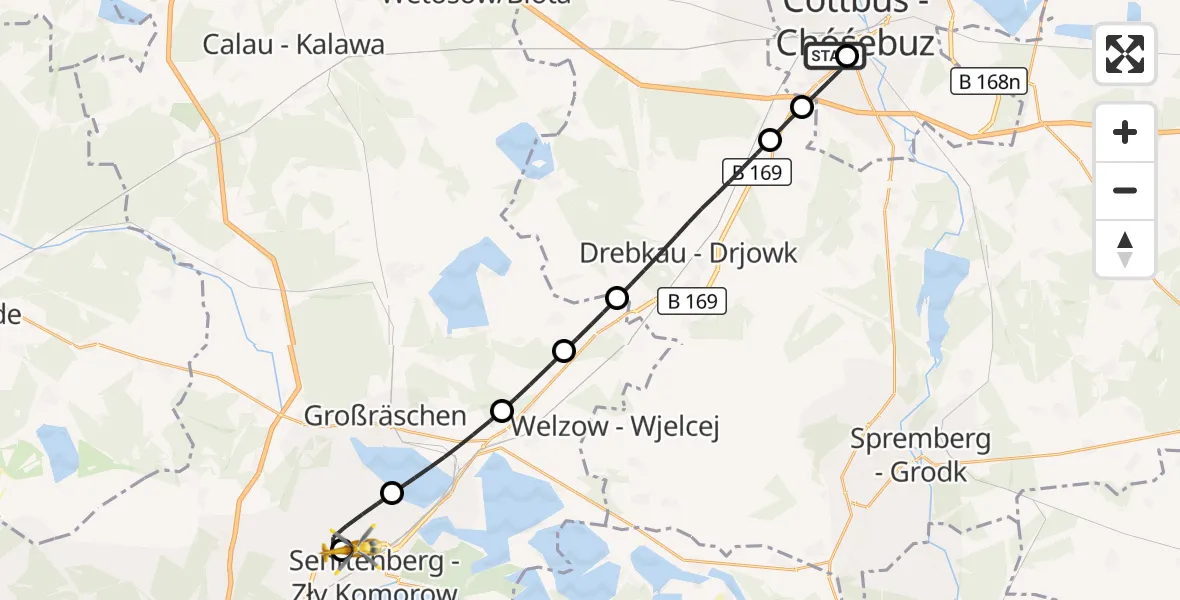 Flugroute Ambulanzhubschrauber Carl Thien Hospital Cottbus - ADAC Luftrettungsstation Senftenberg Hubschrauberlandeplatz, 21 Oktober 2026, 14:39