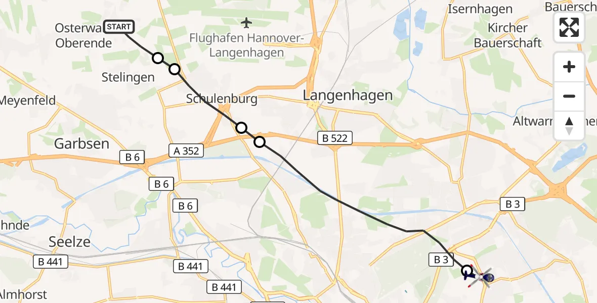 Flugroute Polizeihubschrauber Garbsen - Hannover Luftrettung Hubschrauberlandeplatz (Christoph 4), 21 Oktober 2026, 14:56