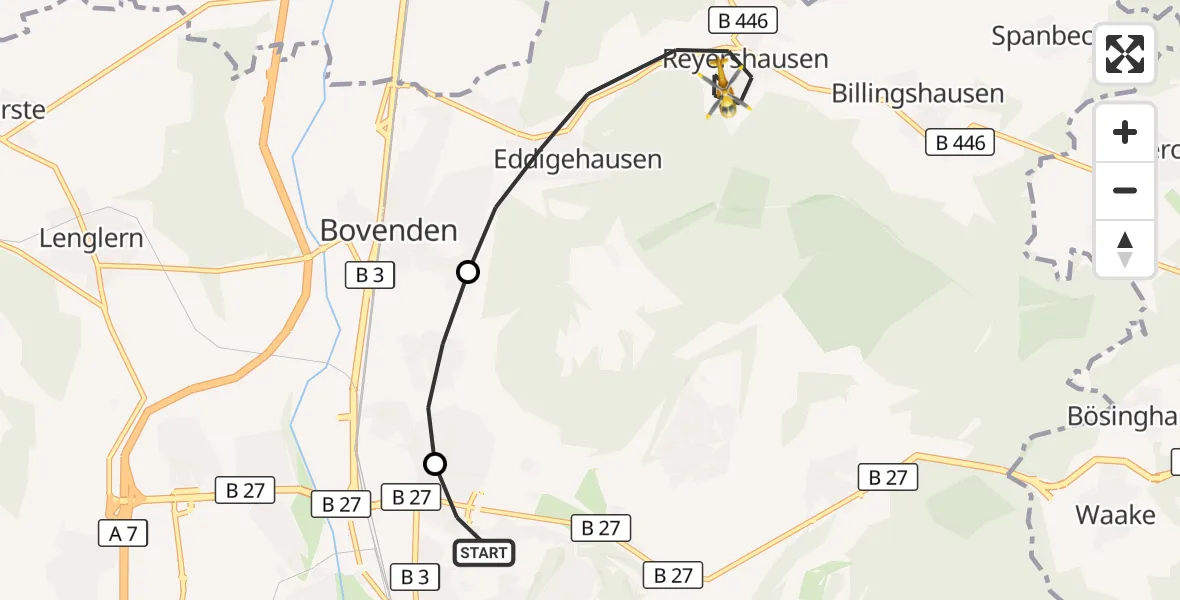 Flugroute Rettungshubschrauber Göttingen University Clinic Hubschrauberlandeplatz - Bovenden, 21 Oktober 2026, 15:01