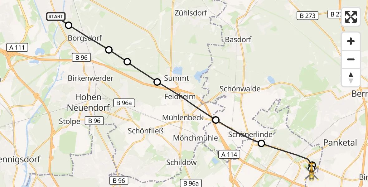 Flugroute Rettungshubschrauber Oranienburg - Helios Clinic Berlin-Buch, 21 Oktober 2026, 15:07