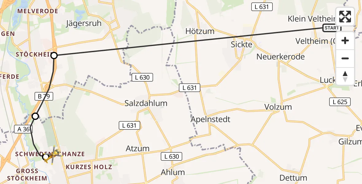 Flugroute Rettungshubschrauber Veltheim (Ohe) - Wolfenbüttel Municipal Hospital Heliport (Christoph 30), 21 Oktober 2026, 15:33